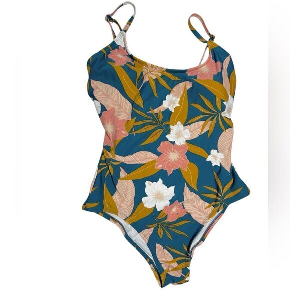 Kona Sol Blue One Piece Swimsuit with Pink Flowers Bathing Suit Floral Cute - Picture 2 of 5